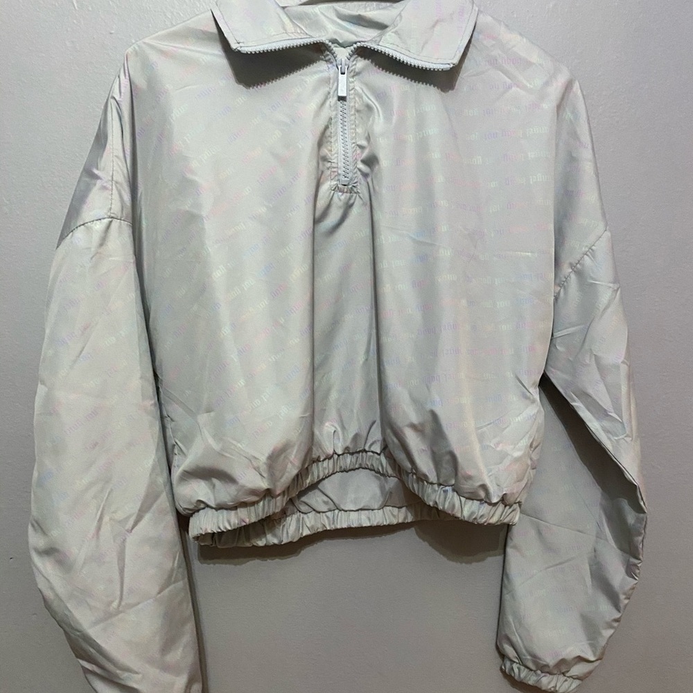 Rue 21, medium, crop top, grey with iridescent writing.